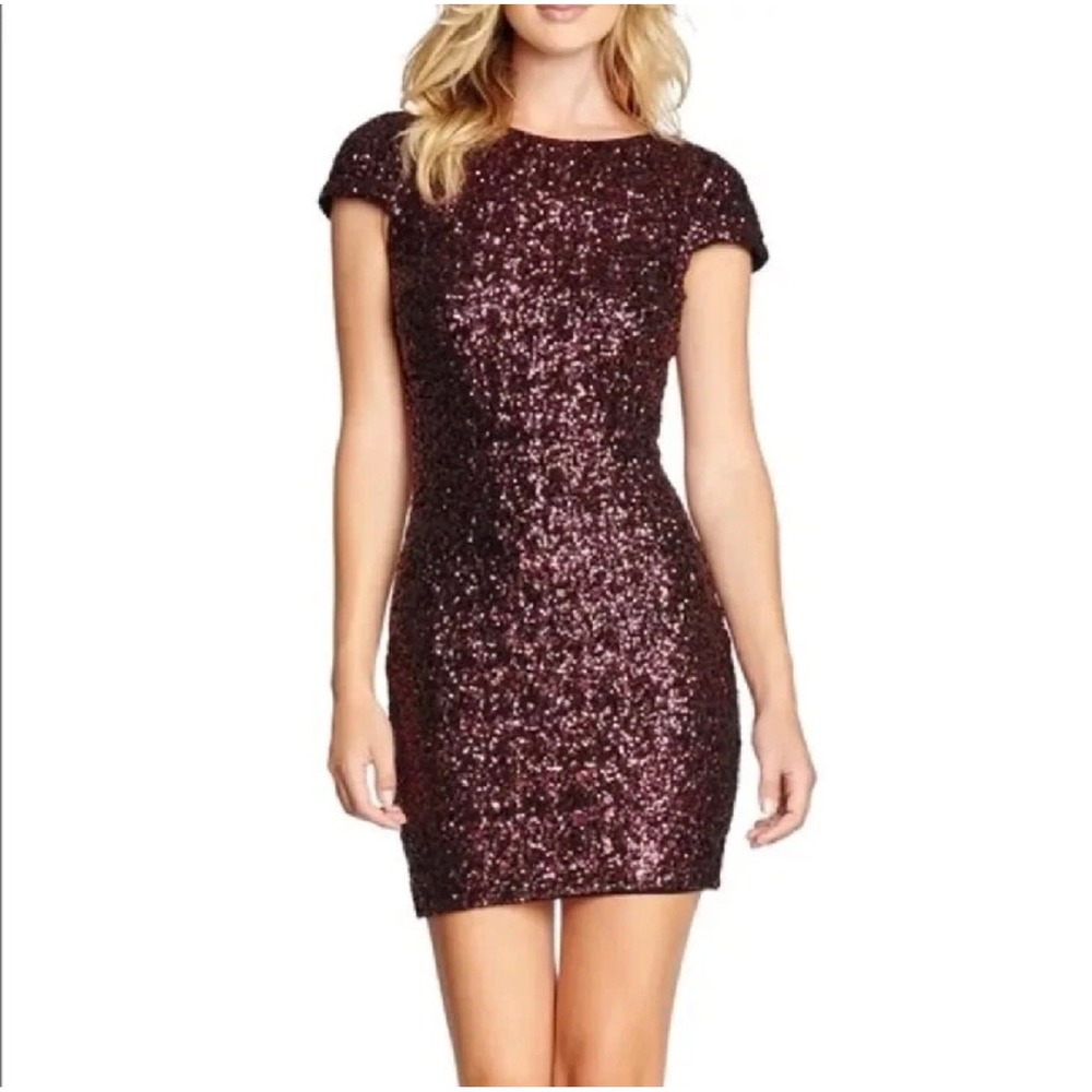 Dress The Population Tabitha Cap Sleeve Sequin Mini Dress 8 Open Back Stretch